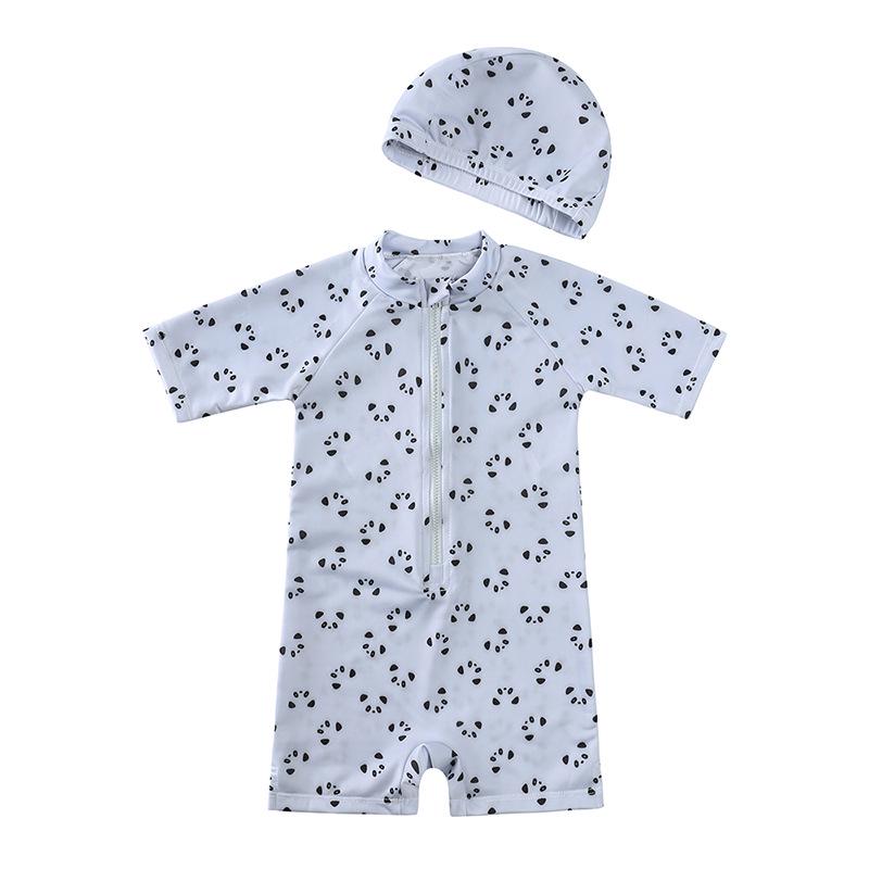 Kids' Floral One-Piece Swimsuit with Zipper and Swim Cap - Boys and Girls' Modest Design
