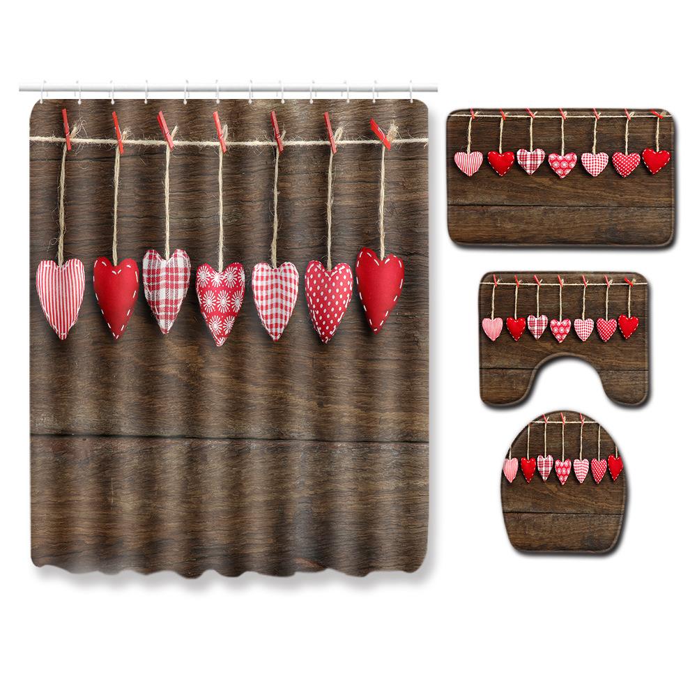Valentine'S Day Toilet Shower Curtain Four-Piece Printed Floor Mat Set Bathroom Floor Mat Bedroom Absorbent Door Mat Carpet