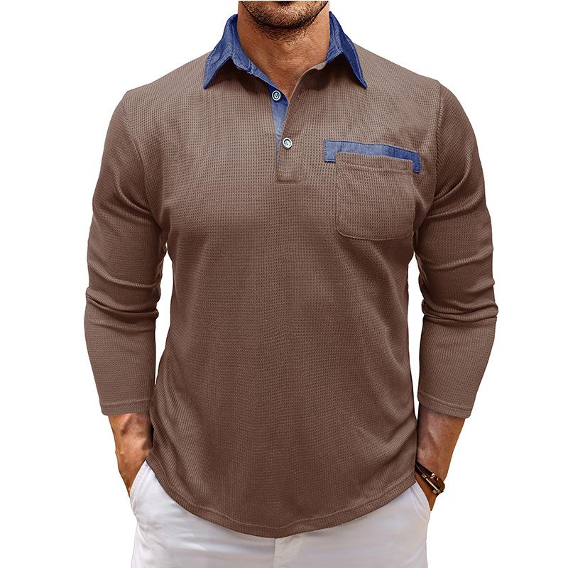 Autumn New Men's Long-sleeved Waffle Polo Shirt Fashion Men's Lapel T-shirt Tops