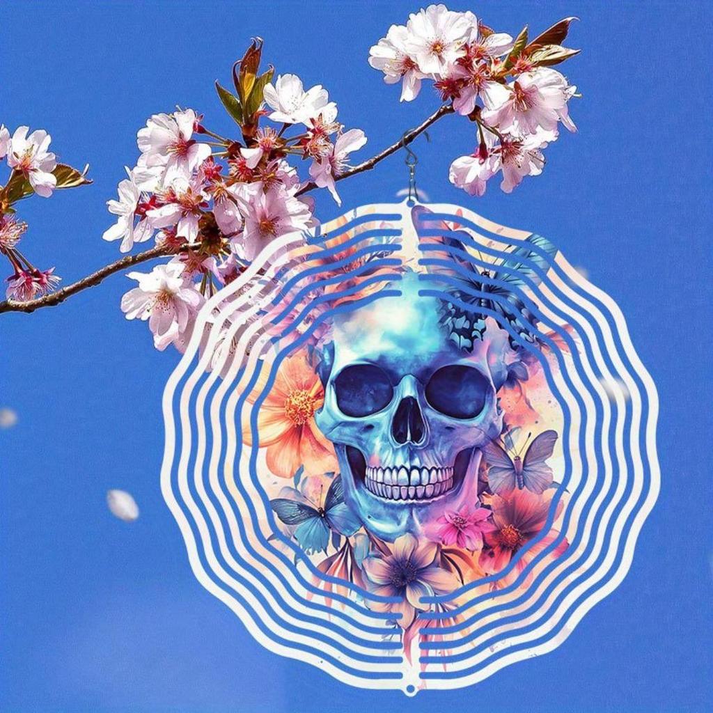 360° Rotating Wind Chime with Colorful Butterfly & Skull 2D Metal Art - Outdoor/Indoor Garden & Patio Decor, No Electricity Needed