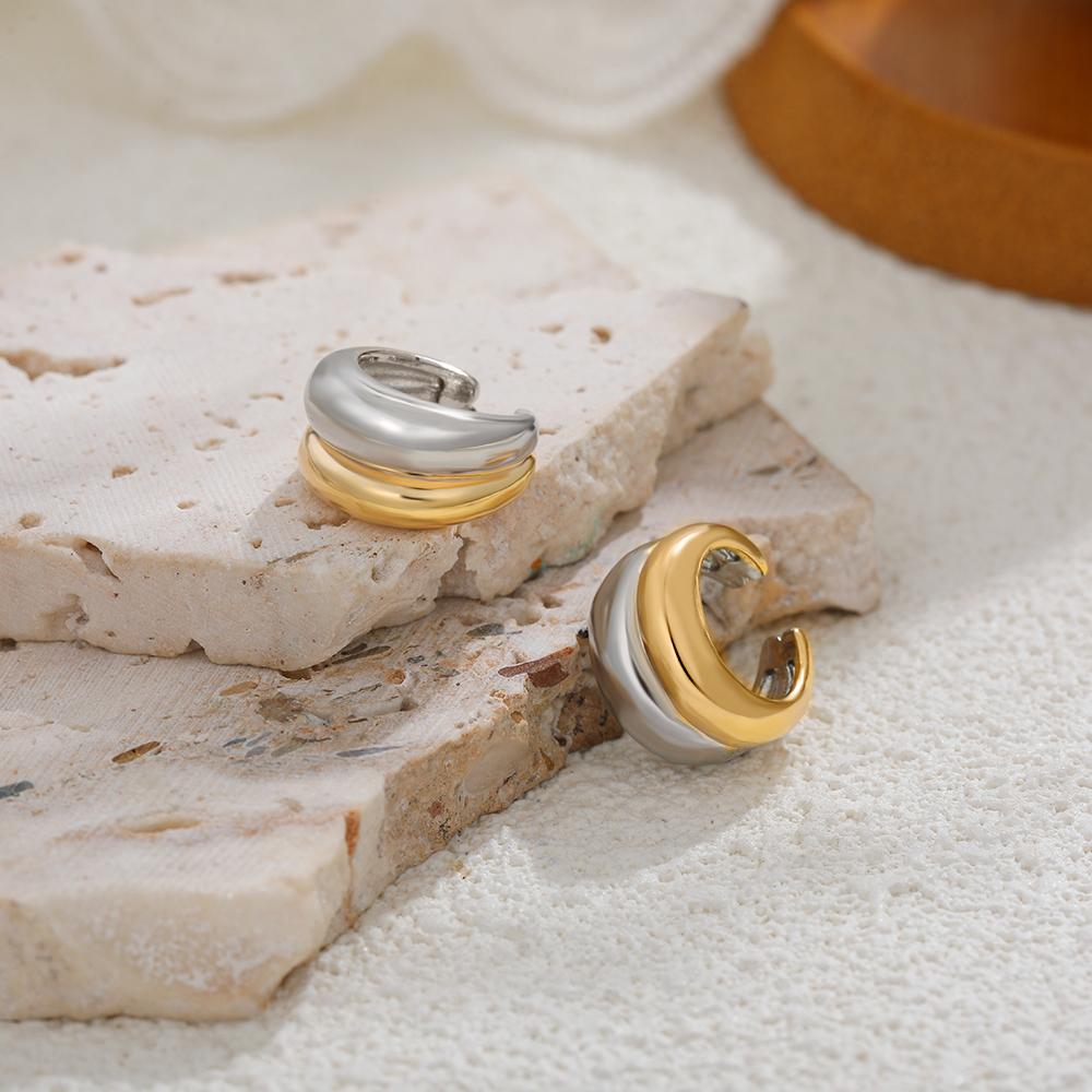 Glossy Smooth Double Layer Gold&Silver Mixed Color C-shape Clip Earrings for Women Stainless Steel No Piercing Ear Cuff Jewelry