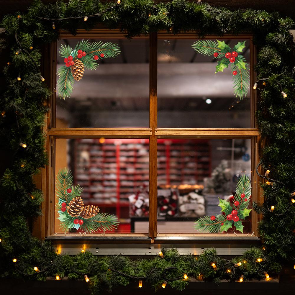 Christmas Pinecone Four-cornered Border Decorative Window Sticker for Home Balcony Glass Window Beautification.