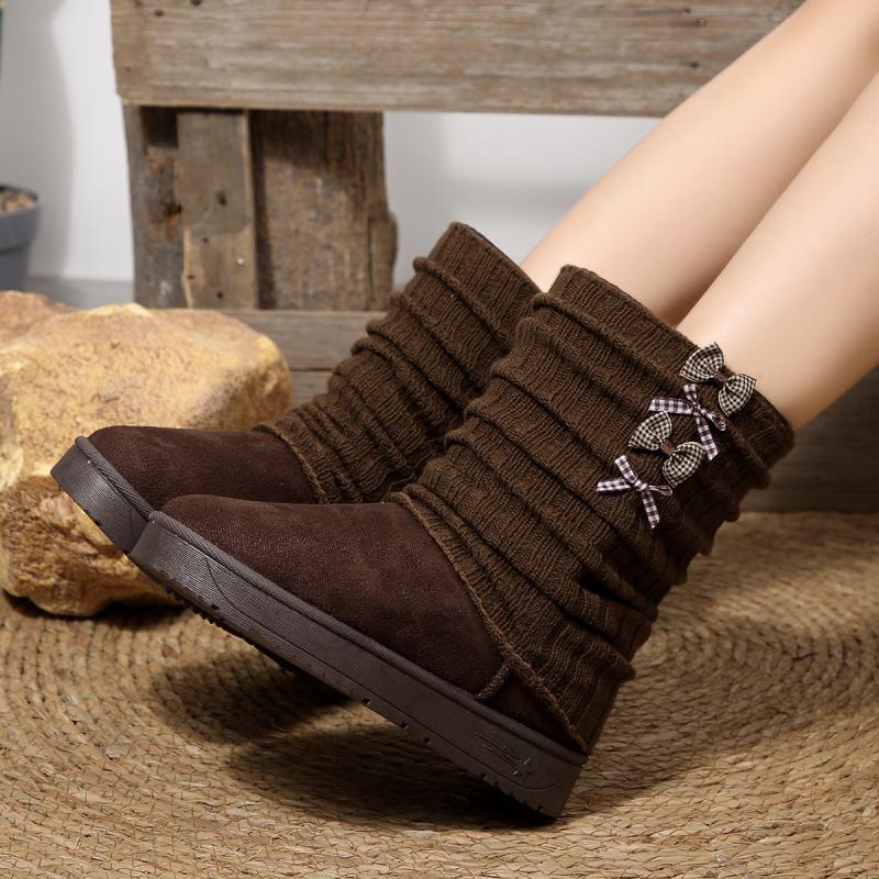 Brand Design Wrinkled Stacked Snow Boots Women 2025 Winter Sweet Bowknot Decoration Booties Warm Short Plush Mid Calf Boots