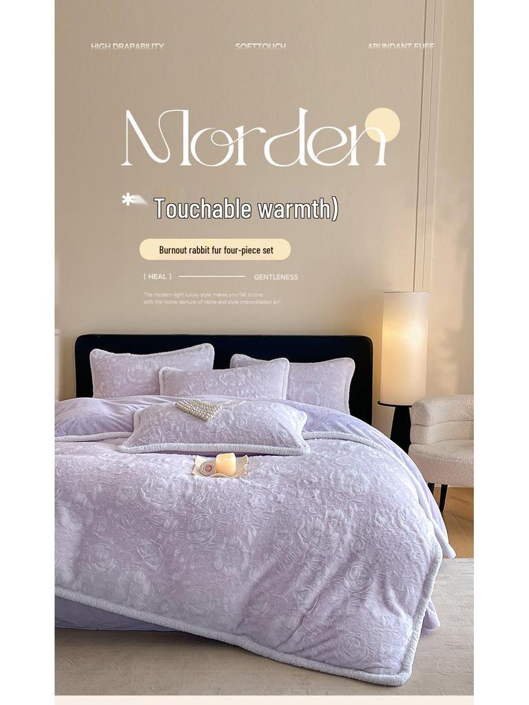Luxurious 3D Rabbit Fur Trimmed Bedding Set: Includes Thick Warm Bed & Fitted Sheets - Minimalist Style