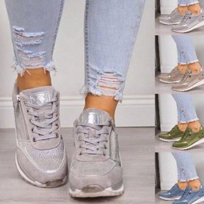 Große Größe Strass Schnürer Casual Damen Muffinsohle Einzelne Schuhe Overalls Runde Zehenpartie Mittlerer Absatz Reißverschlussschuhe