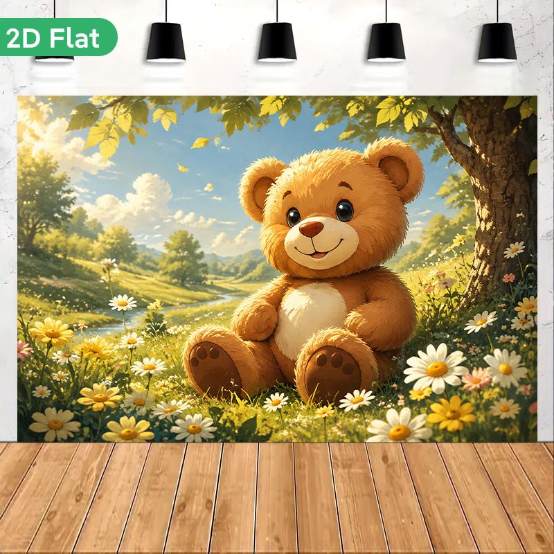 2D Flat Banner 1pc On Grass Cute Bear Colorful Pattern Ethnic Style Modern Backdrop For Studio Wedding Christmas Birthday Party Garden