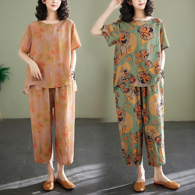 2025 Summer Cotton Linen Floral T-shirt & Harem Pants Set for Women