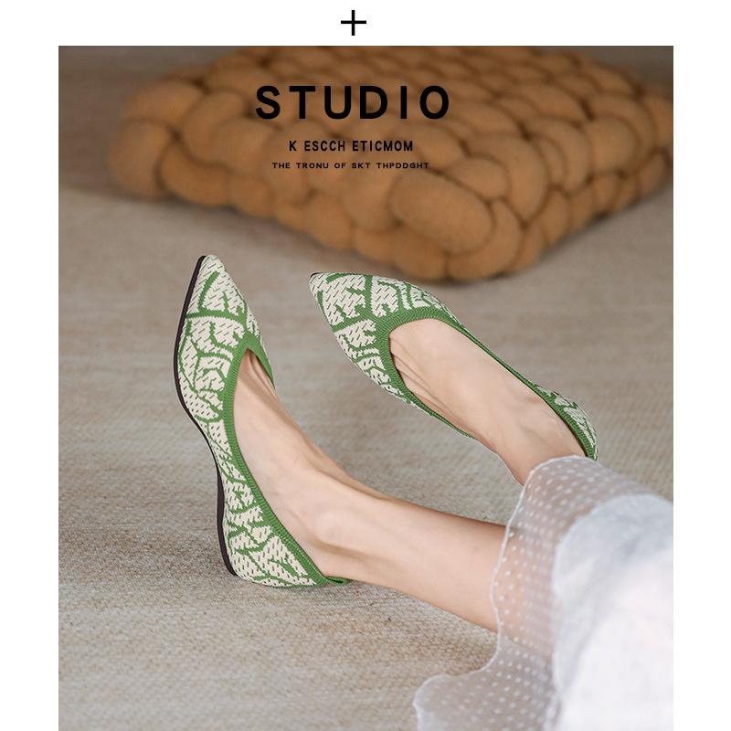 Fashion Women 2024 New Spring Autumn Retro Elegant Casual Pointed Toe Shallow Mouth Knitted Breathable Soft Sole Single Shoes
