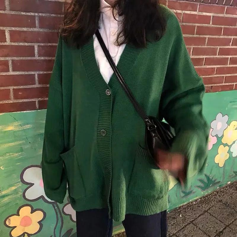 Autumn and Winter Knitted Cardigan Coat Women's V-neck Top Loose Mid-length Design Sweater Shawl Outside