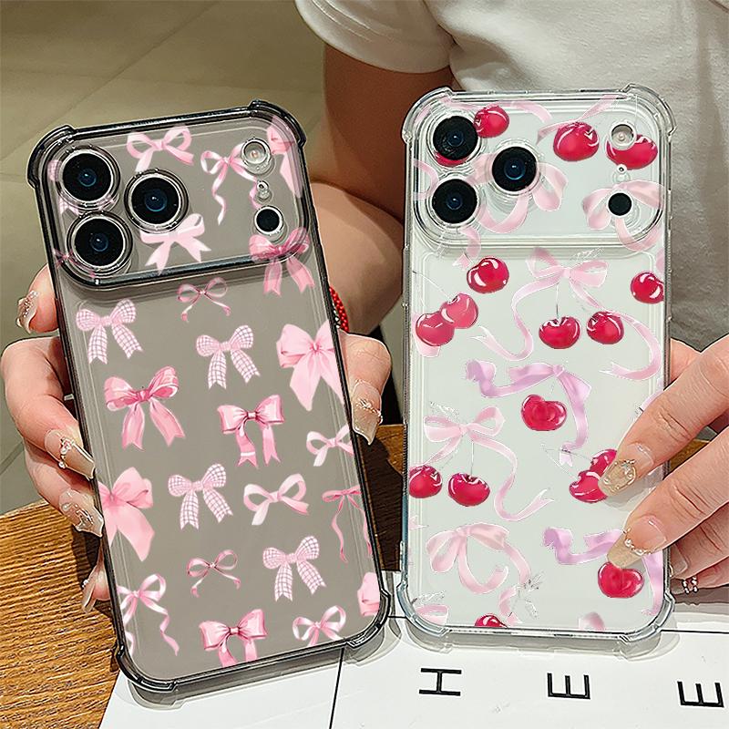 Bowknots Cherry Pattern Case For iPhone 17 Pro Max Coque iPhone 16 15 14 13 Pro Max 11 Shockproof Clear Soft Silicone Cover