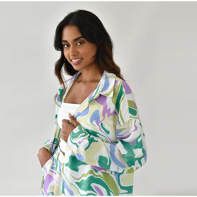 Women's Street Loose Printed Shirt Long-sleeved Fashion Casual Suit Women's Two-piece Summer Commuter Vacation Beach Suit