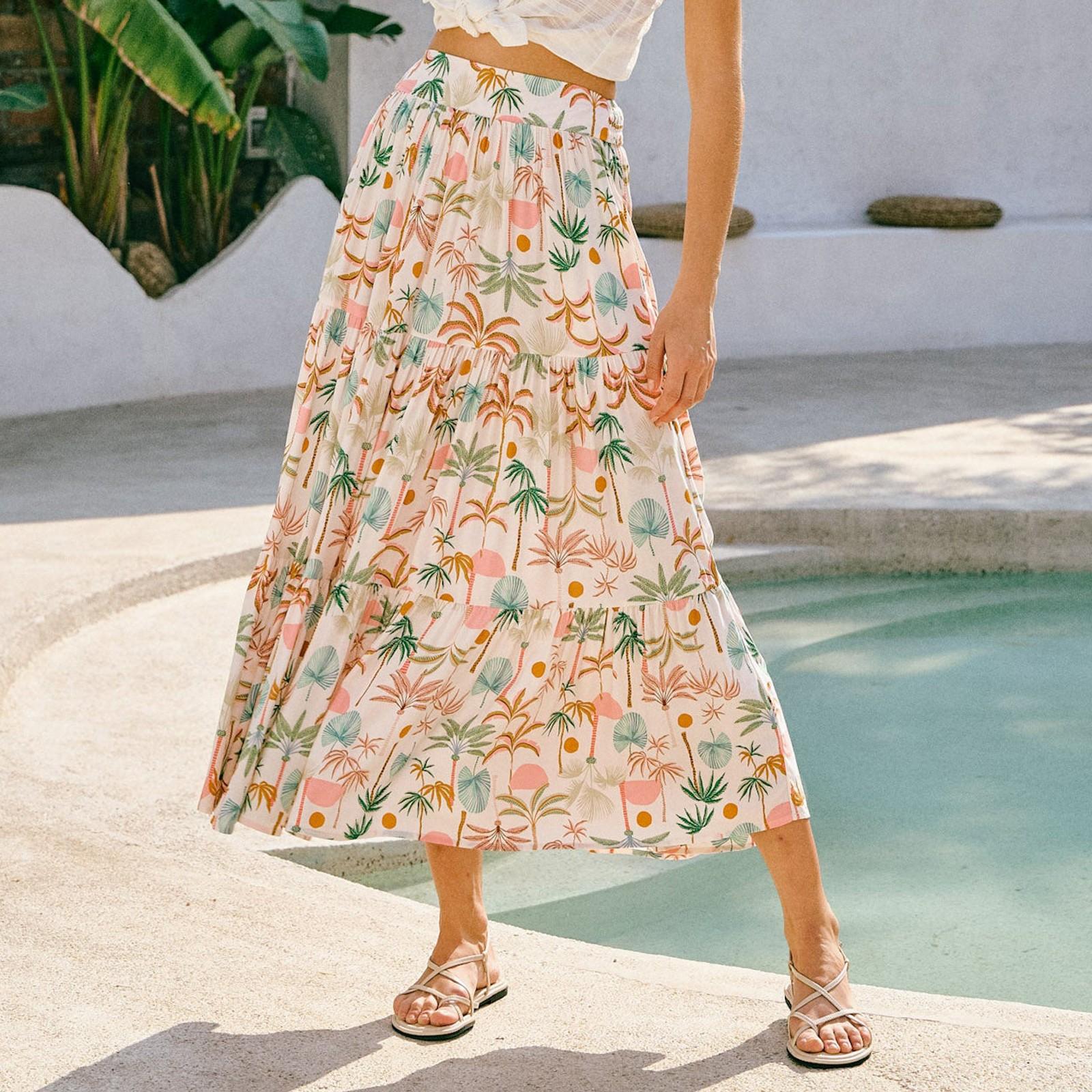 

Женские юбки макси с цветочным принтом, летние платья-трубы, длинная плиссированная пляжная юбка А-силуэта L коричневый