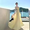French Haute Beauty Seaside Resort Atmosphere Design Sense Backless Hollow Pleated Neck Dress Women's Summer