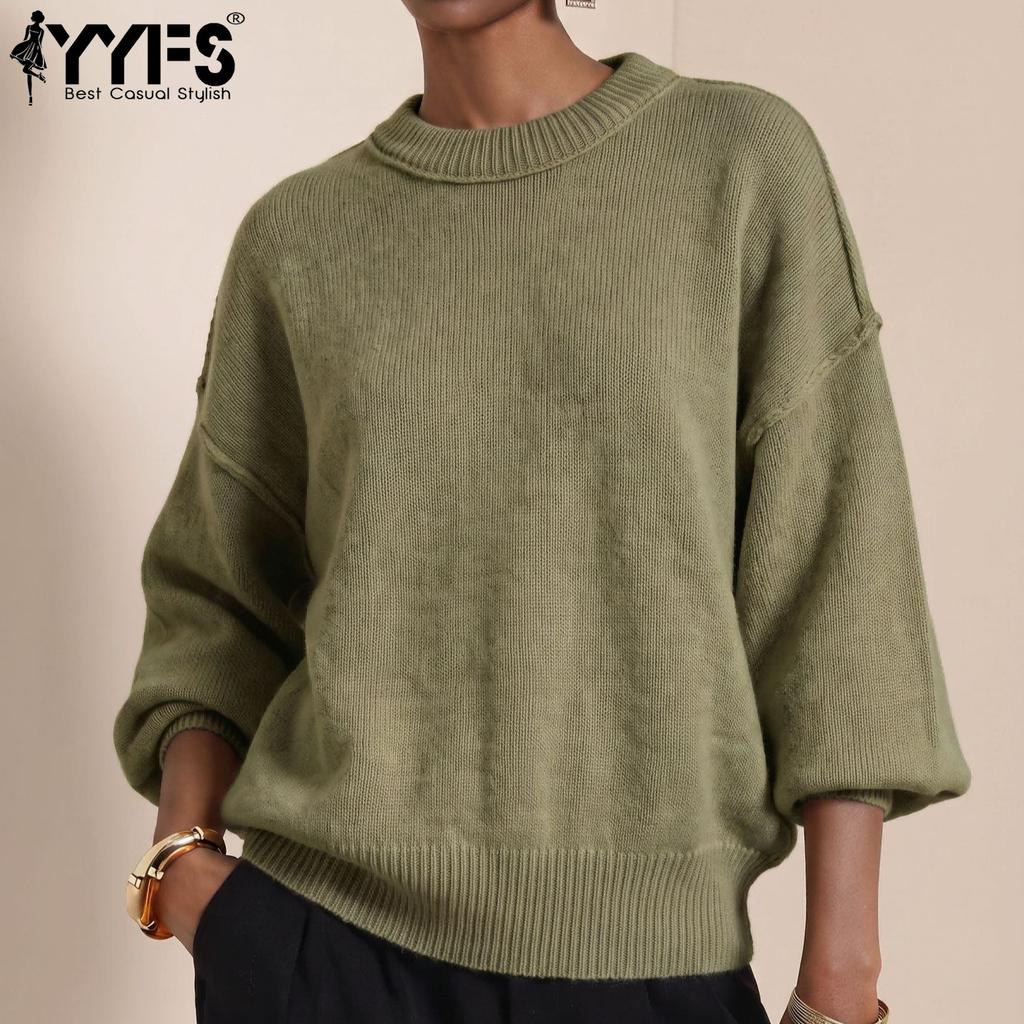 YYFS Moda feminina casual outono inverno cor sólida estampa manga comprida gola redonda suéteres