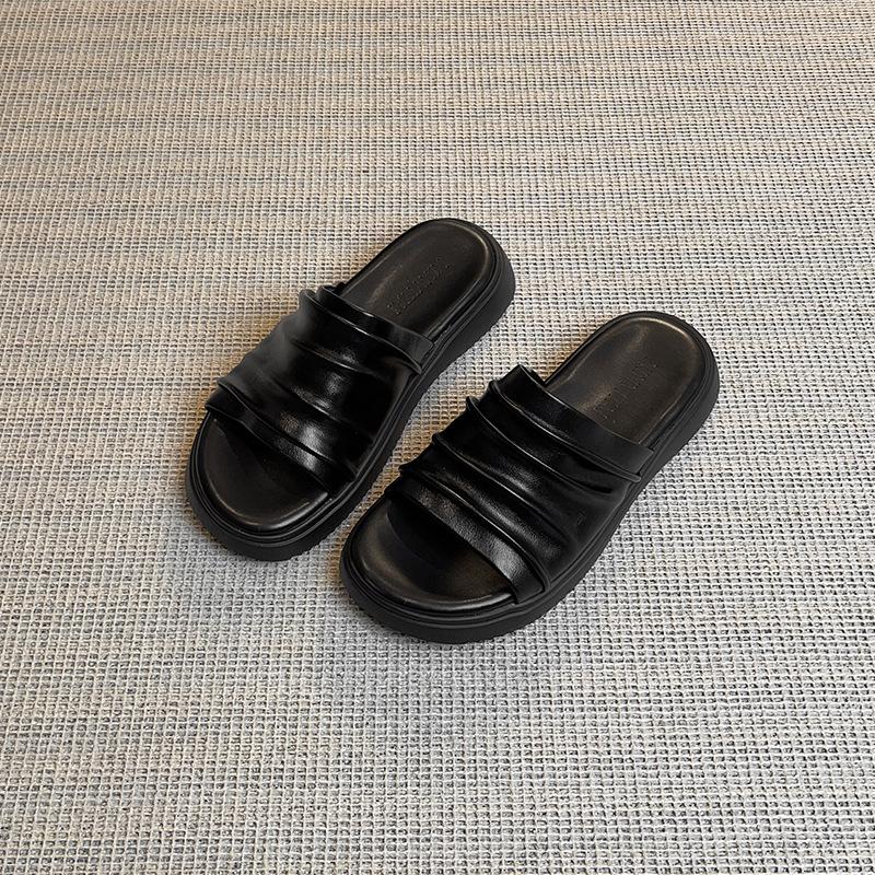 

Spot!! Slack flat-bottomed slippers women s summer new Bangkok mop casual summer outer wear pleated one-word mop 35 чёрный