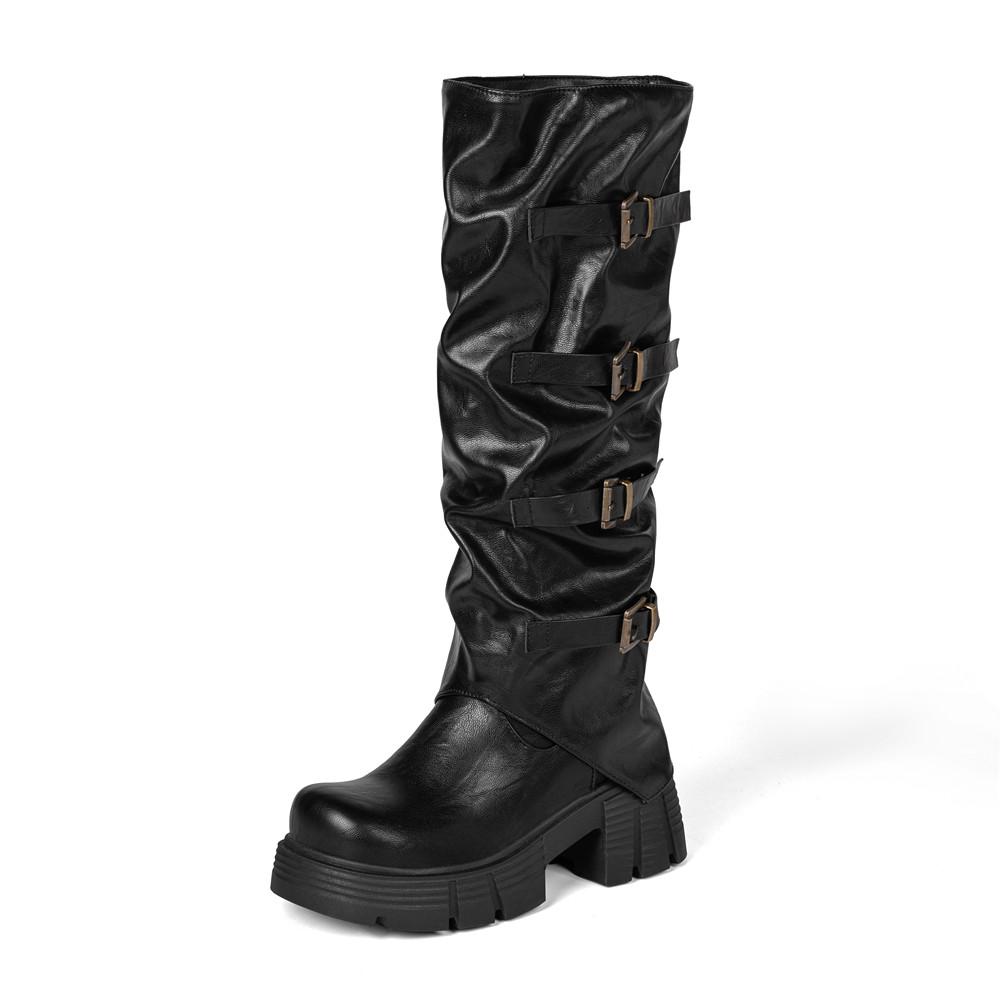 

Women s Platform High Boots Spring Fashion Designer Knee-High Chelsea Shoes with Buckle Brand Party Boots Black Brown 41
