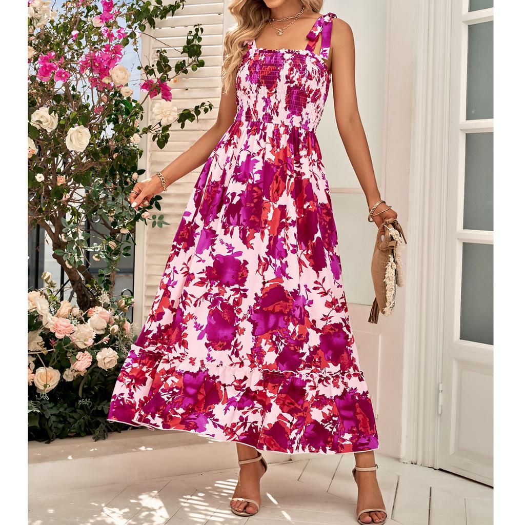 Maxi Dress Shirred Printed Strap Pleated Fashionable Elegant Female Maxi Dress for Dating Party
