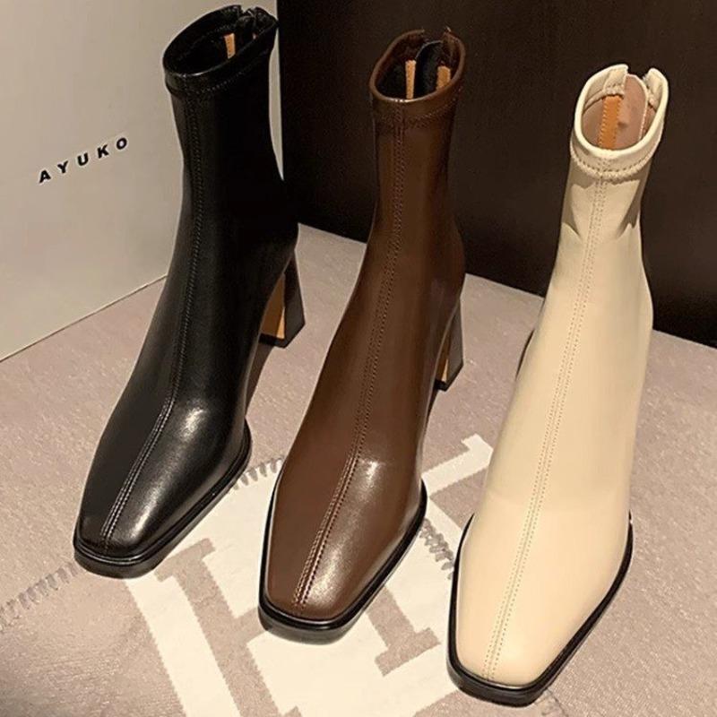New Popular Vintage Warm Cotton Women Ankle Boots Elegant Square Toe Shoes Autumn Winter Thick Heel Women's Short Boots