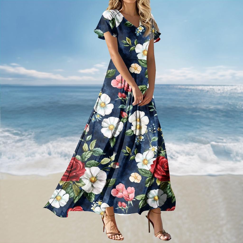 Vestido Feminino Casual Soltinho de Manga Curta com Decote V e Cintura Alta Estampado