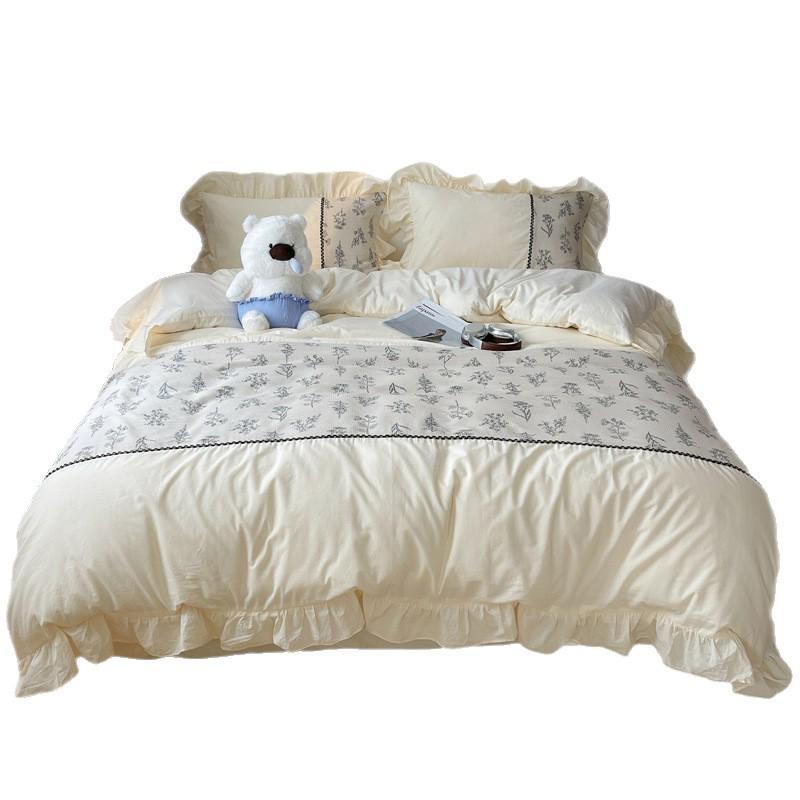 Pastoral Retro French Lace Skin-friendly Bubble Gauze Washed Cotton 4-Piece Bed Set - Su Jin Series