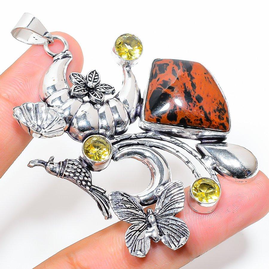 

Подвеска из стерлингового серебра 925 пробы с натуральным обсидианом красного дерева и цитрином 2,80 дюйма U7P01