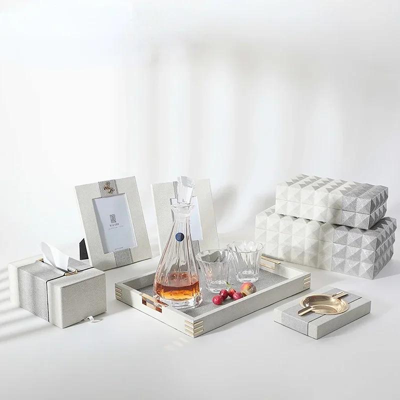 Metal Handle Tray Leather Home Storage Ornaments Living Room Model Room Coffee Table Storage Pallet Decorate Fruit Tea Tray