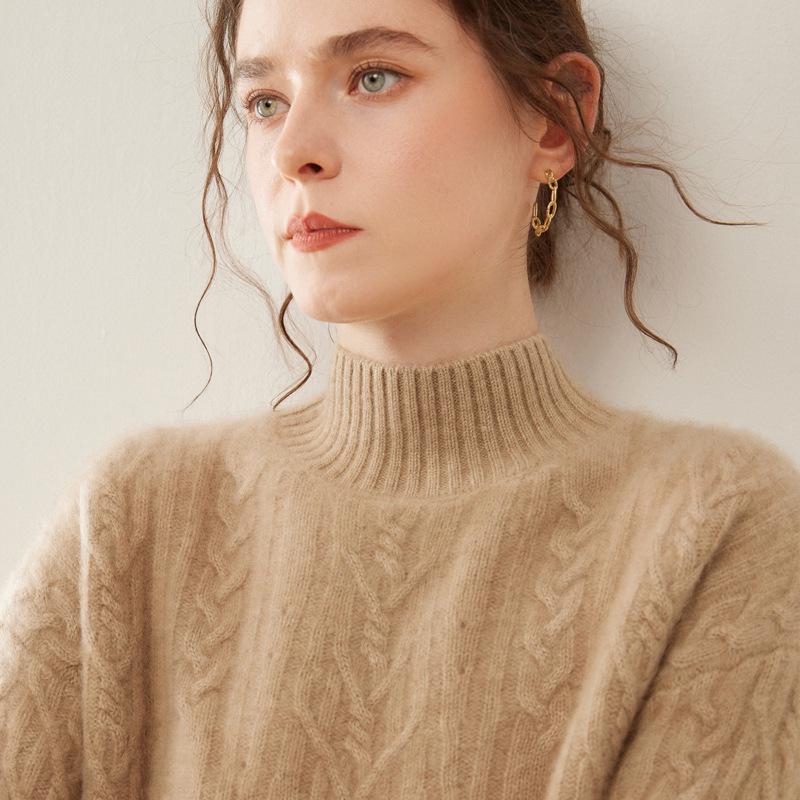 Women's Heavyweight Cable Knit Cashmere Sweater - Half-High Collar, Long Sleeve, Loose Fit