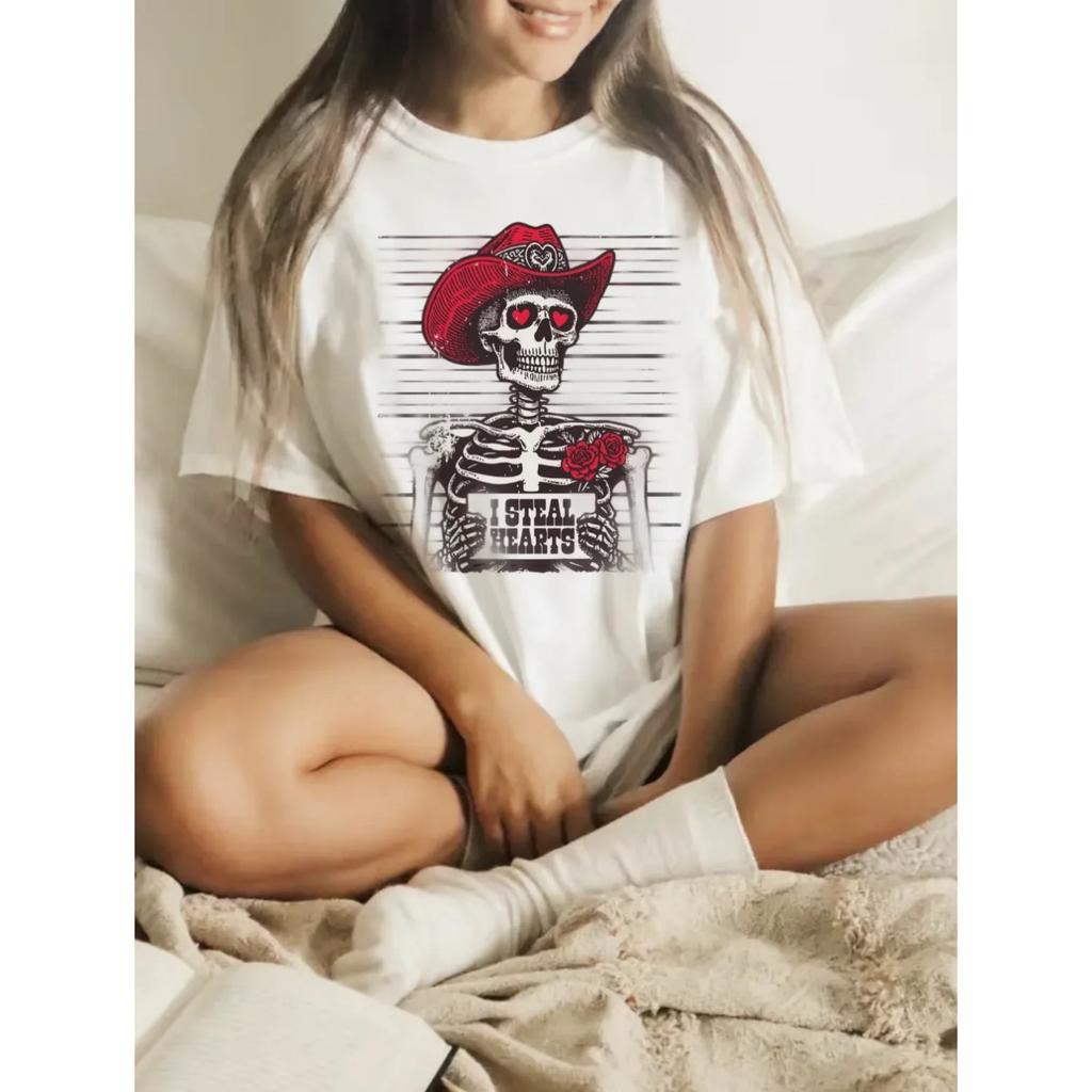 Cute Trendy 90s Women's Skull Pattern T-Shirt Short Sleeve Women's Fashion Printed Women's Sweet Casual Top O-Neck T-Shirt