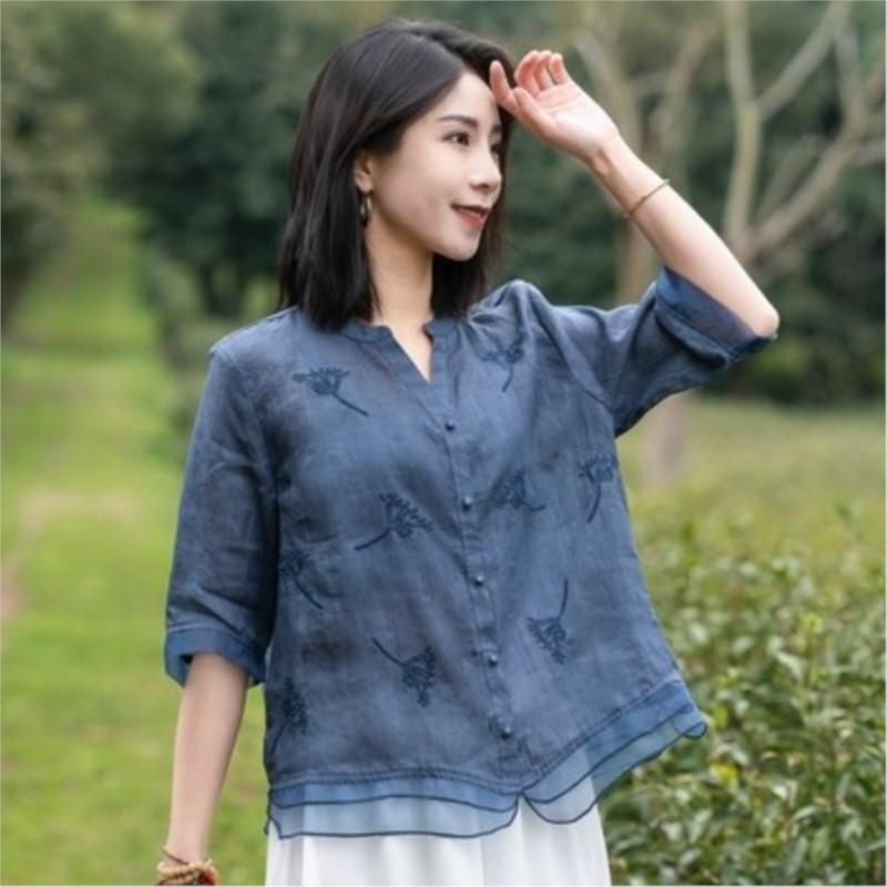 

Johnature Жіночі сорочки з вишивкою Рамі Топи з короткими рукавами Літні однотонні блузки в стилі печворк Сорочки One Size синій