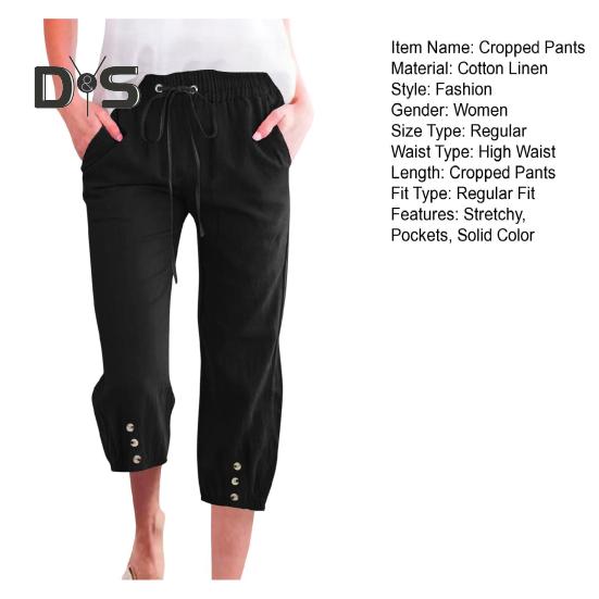 Women Cropped Pants Elastic Waist Adjustable Drawstring Casual Trousers with Pockets Sporty Loose Leg Design Mid-calf Pants