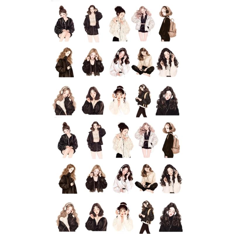 

Decorative Artistic Girl Stickers 30pcs for Journals Waterproof Scrapbooking Stickers Cartoon Girls Diary Decors Sticker