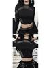 Punk Style Slim Fit Mesh Patchwork Hollow Long Sleeve T-shirt for Women