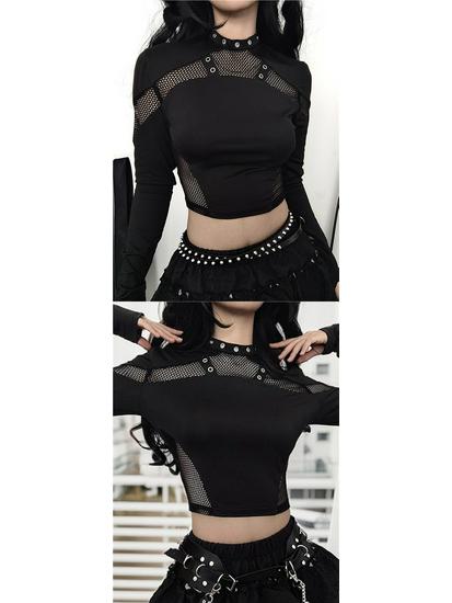 Punk Style Slim Fit Mesh Patchwork Hollow Long Sleeve T-shirt for Women