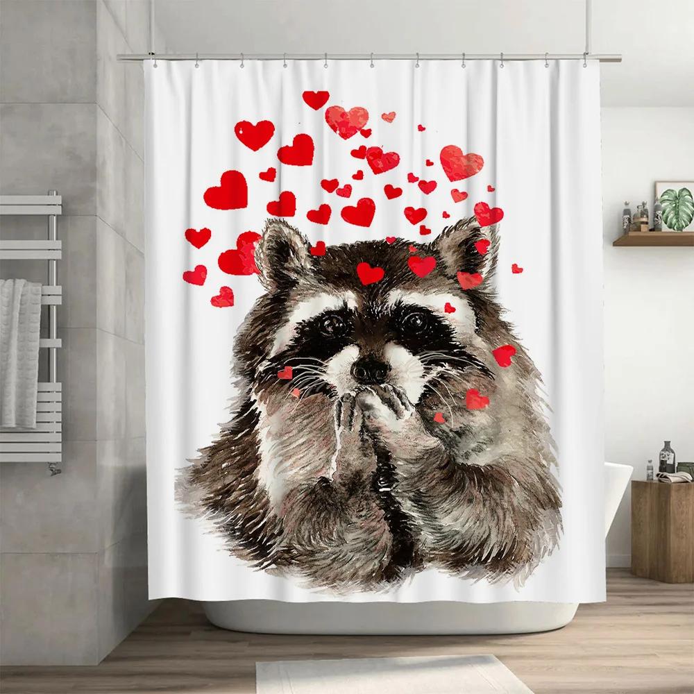 Watercolor Animal Print Shower Curtain Red Heart Sticker Design For Bathroom Decorations High-Quality Fabric Water Repellent
