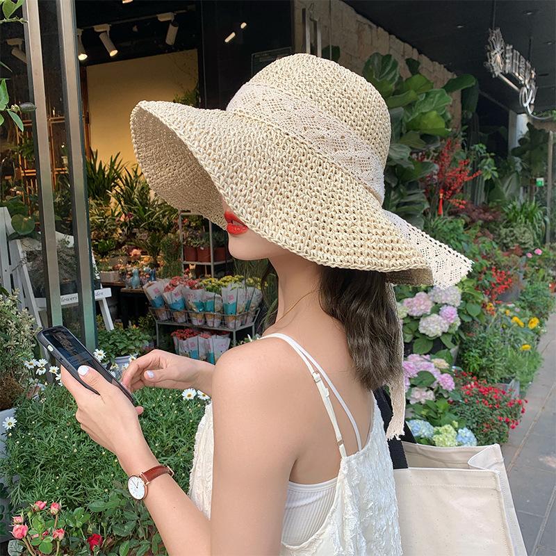 Women's Beige Woven Straw Hat Spring and Summer Japanese Style with Lace Bowknot Hollow Out Breathable Fisherman Hat