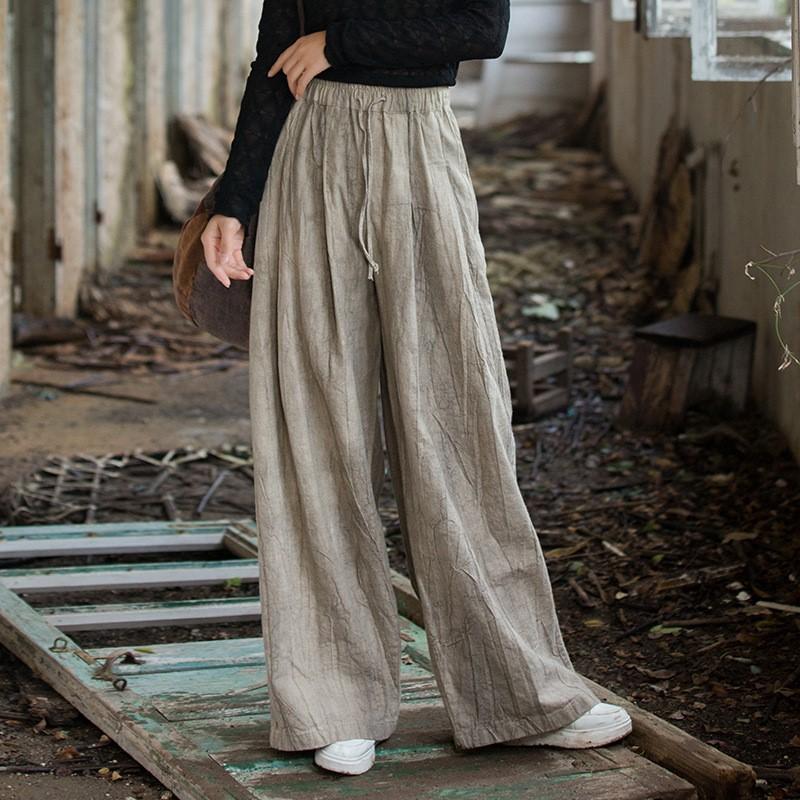 Johnature Pantalones casuales de pierna ancha para mujer, pantalones tie-dye de cintura elástica, otoño, bolsillos, cinturón, pantalones largos