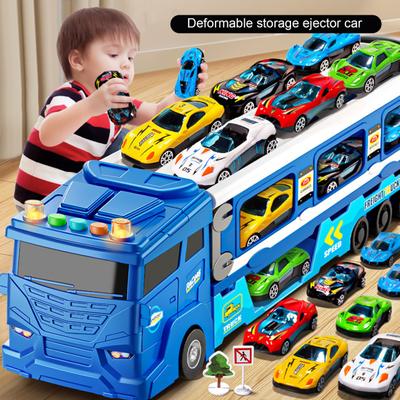 Kids Truck Toy with Sound Light Guideposts Double Layers Foldable Track Alloy Mini Ejection Car Racing Inertial Drive Carrier Container