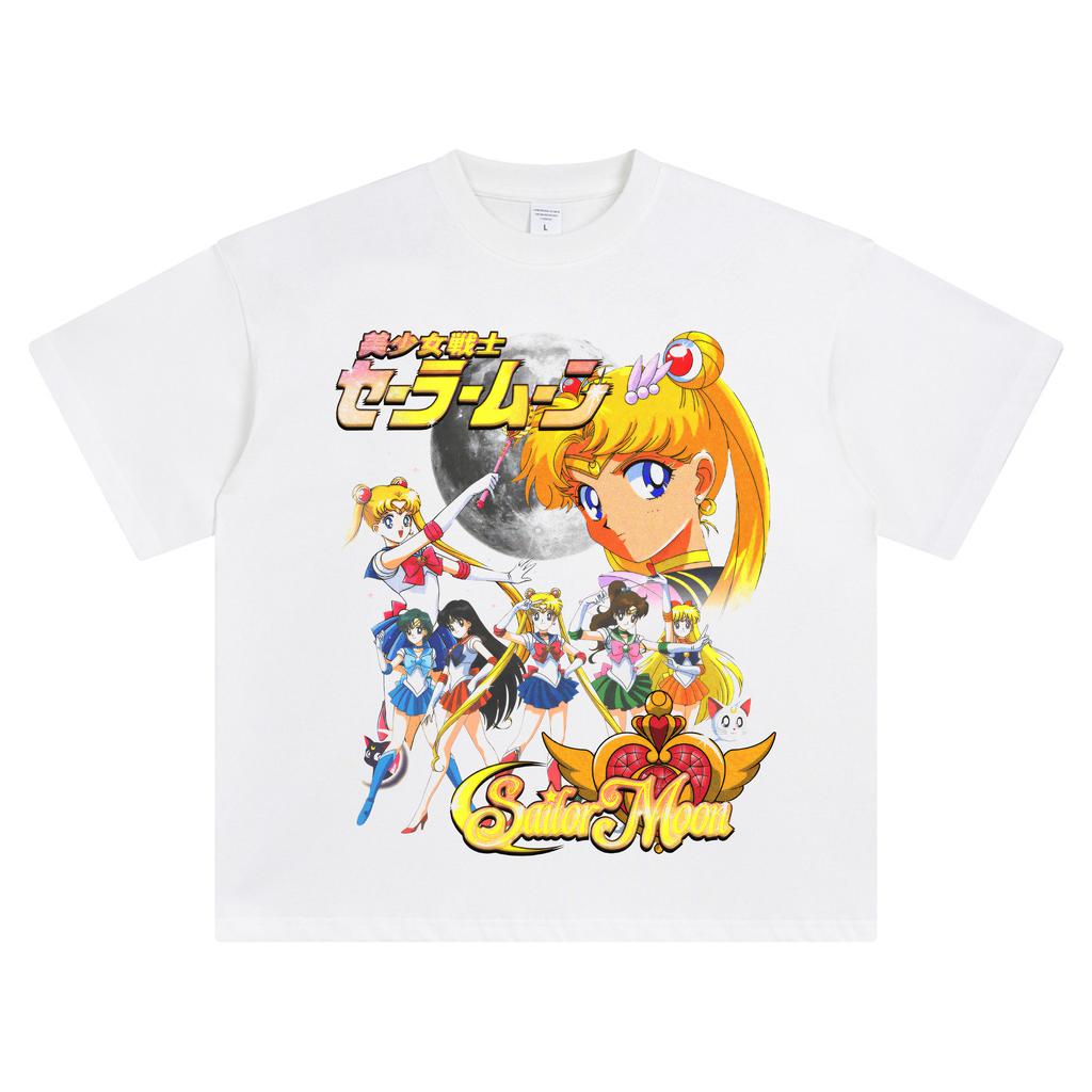 Sailor Moon T-shirt Moon Hare Cartoon Printed Short Sleeve Cotton Heavy Retro Men's and Women's Streetwear