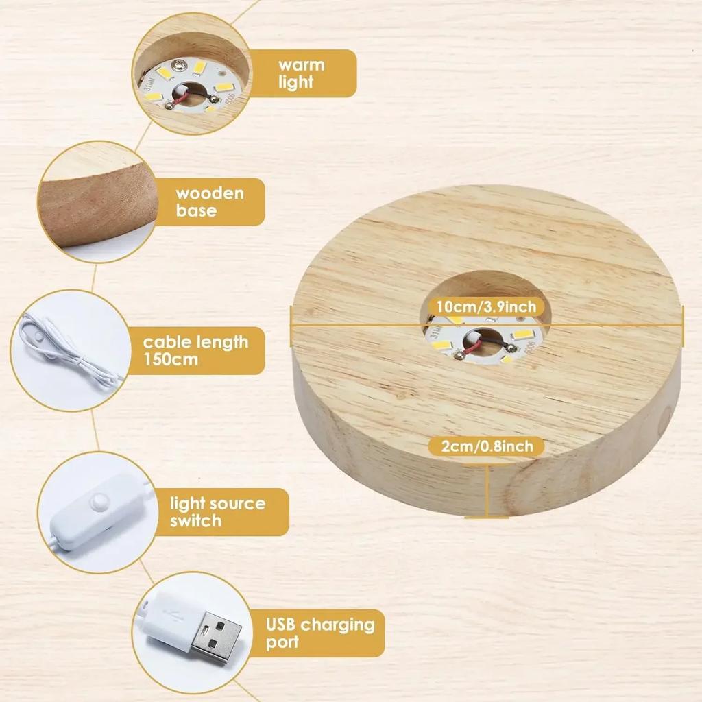 Wooden LED Display Base Light Luminous USB Lamp Holder for Crystal Ball Glass Resin Art Ornament Stand Decor Kids Gifts