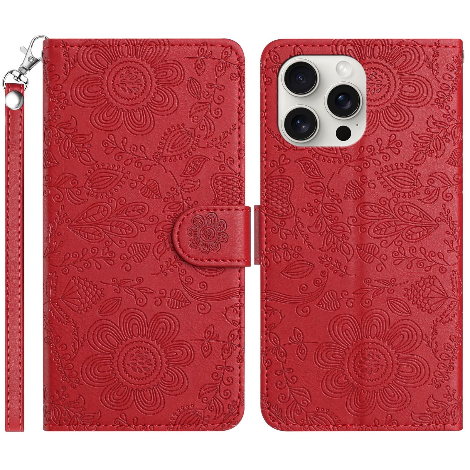 

For iPhone 16 Pro Case Flower Imprint Leather Flip Wallet Phone Cover with Wrist Strap Red