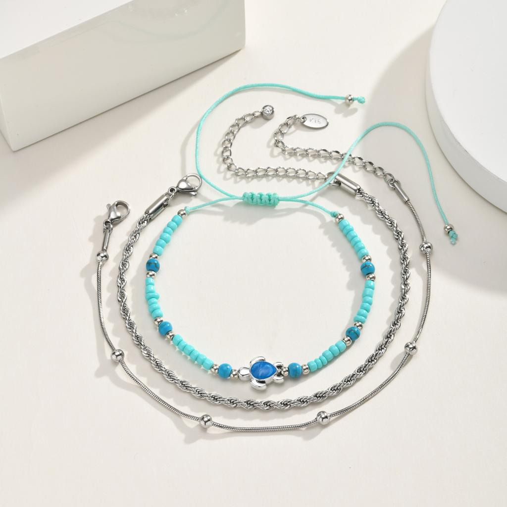 Layers Anklet Set for Women Twisted Chain Teal Turtle Charm Stainless Steel Non-tarnish Foot Bracelet Adjustable