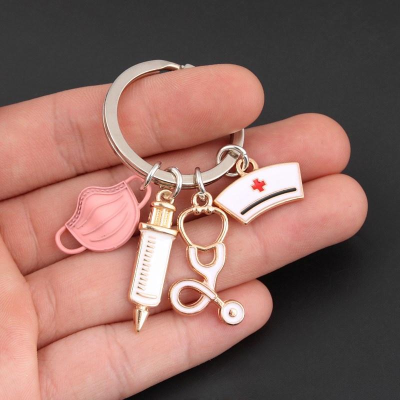 Doctor Keychain Medical Tool Key Ring Injection Syringe Stethoscope Nurse Cap Key Chain Medico Gift DIY Jewelry Handmade