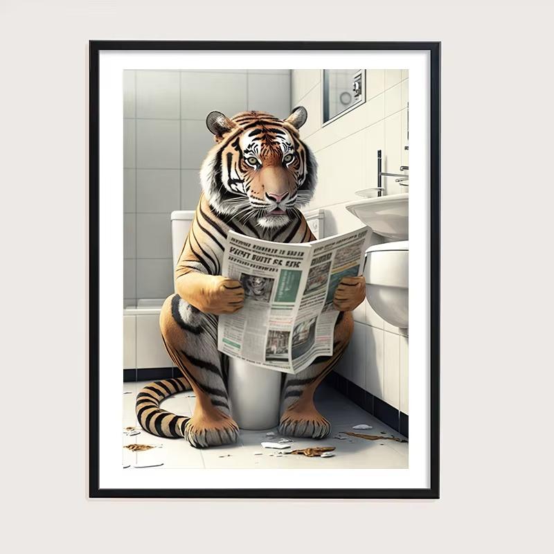 Funny Bathroom Humorous Animal Wall Canvas Paintings Decor Bear Dog Tiger Sitting On Toilet Reading Newspaper Poster Art Print