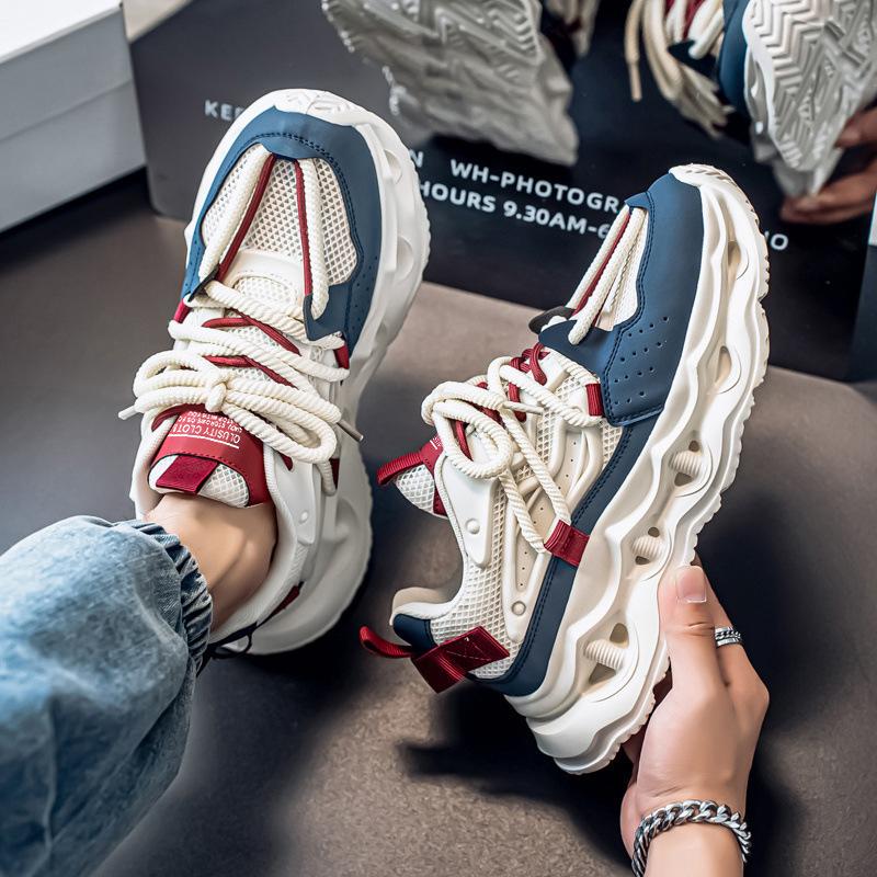 Men's shoes 2025 spring new mesh breathable lace-up casual sports shoes youth thick-soled heightening dad trendy shoes