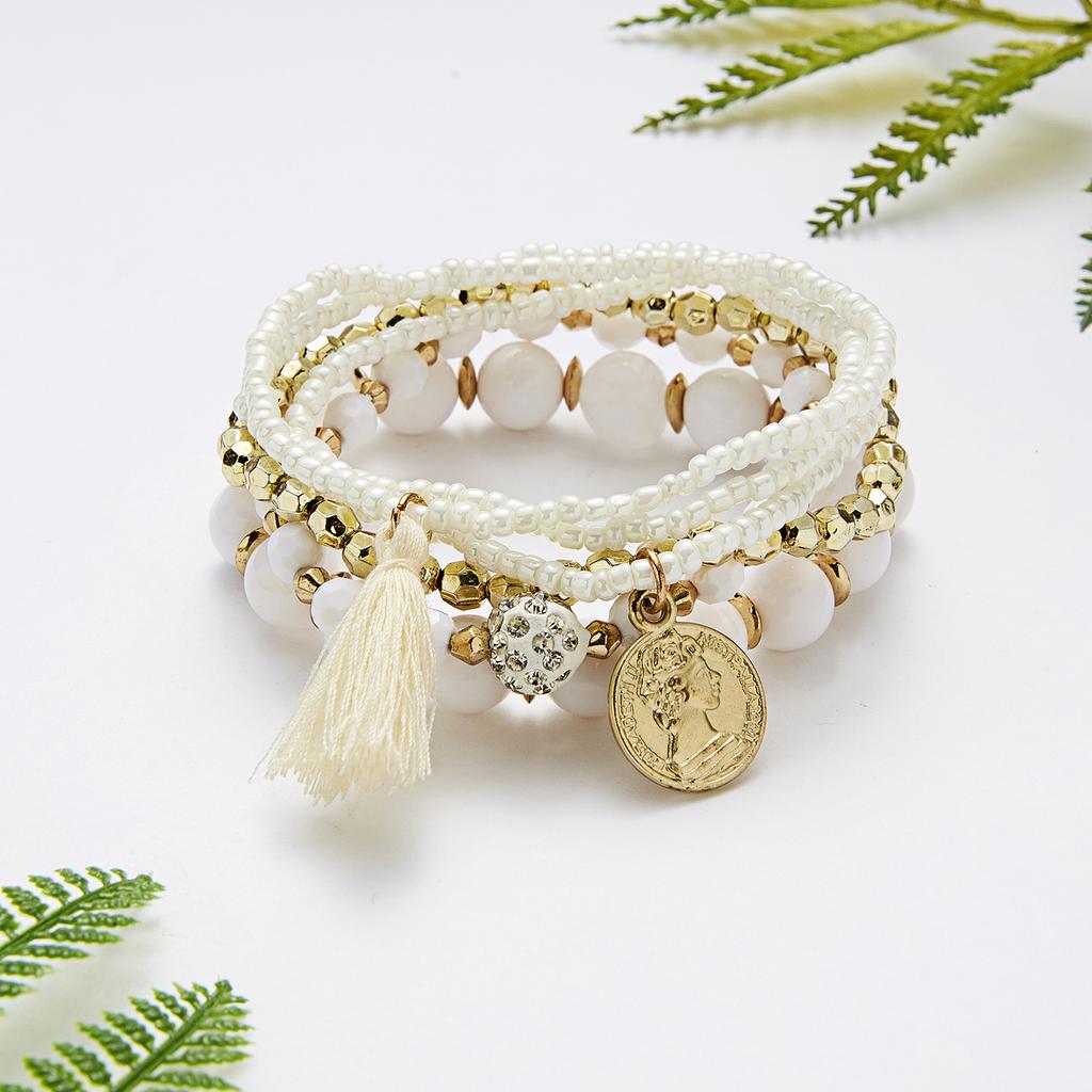 6Pcs/Set Bohemian Beaded Bracelet For Women Vintage Multi-layer Beauty Head Coin Pendant Tassel Bracelets Vacation Charm Jewelry