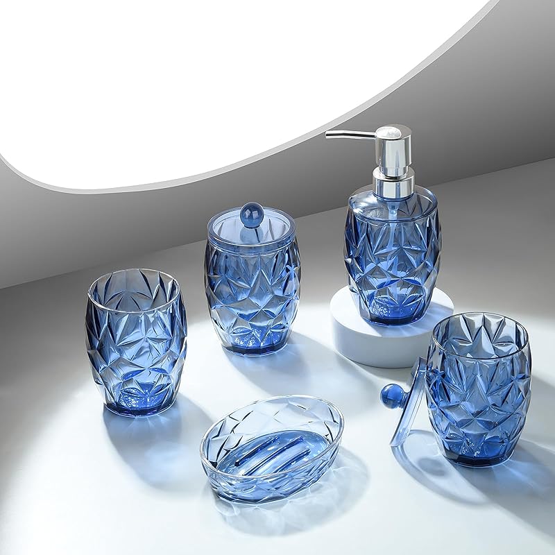 Teal Blue Bathroom Accessories Set 5pcs - Lotion Soap Dispenser, Toothbrush Holder, 2 Qtip Holder, Soap Dish, Bathroom Accessory Set, Modern Bathroom