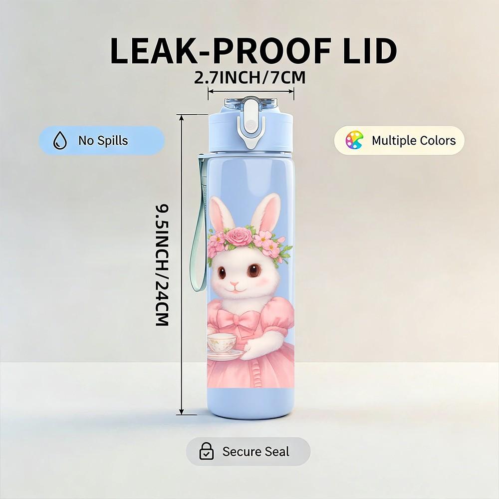 1PC Cute Bunny Pink Dress Easter Print 750ml Color Plastic Sports Water Bottle Leakproof Flip Straw Lid Suitable for Sports Office Home Use