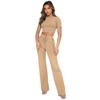 European and American Women's Fashion: Solid Color High-Elastic Shaping Rib-Knit Short-Sleeve Top & Wide-Leg Pants Two-Piece Set.