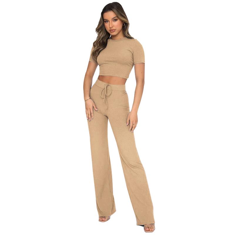 European and American Women's Fashion: Solid Color High-Elastic Shaping Rib-Knit Short-Sleeve Top & Wide-Leg Pants Two-Piece Set.