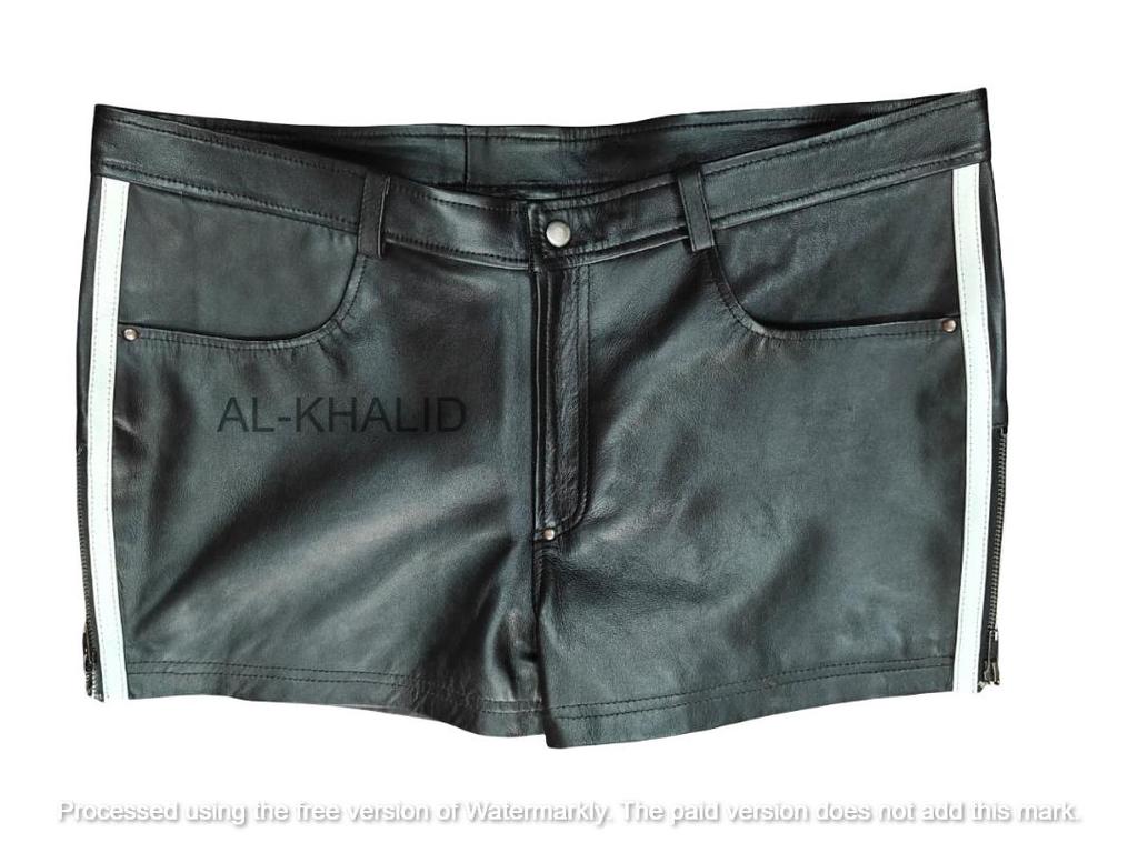 Leather Black Men Short Pants Soft Side Zip Lambskin Gym Sports Boxer Pocket